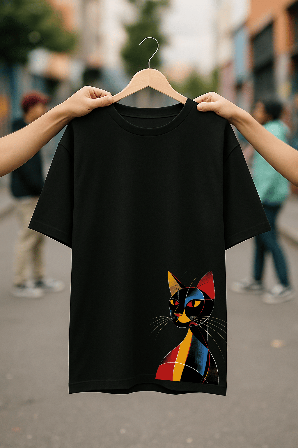 'Geometric Cat' Siyah Oversize Tişört