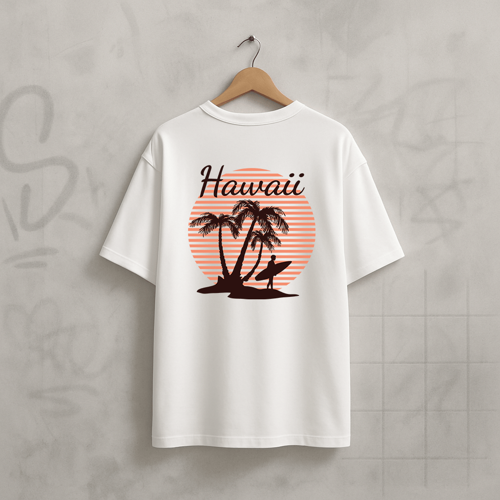 'Hawaii Theme' Beyaz Oversize Tişört