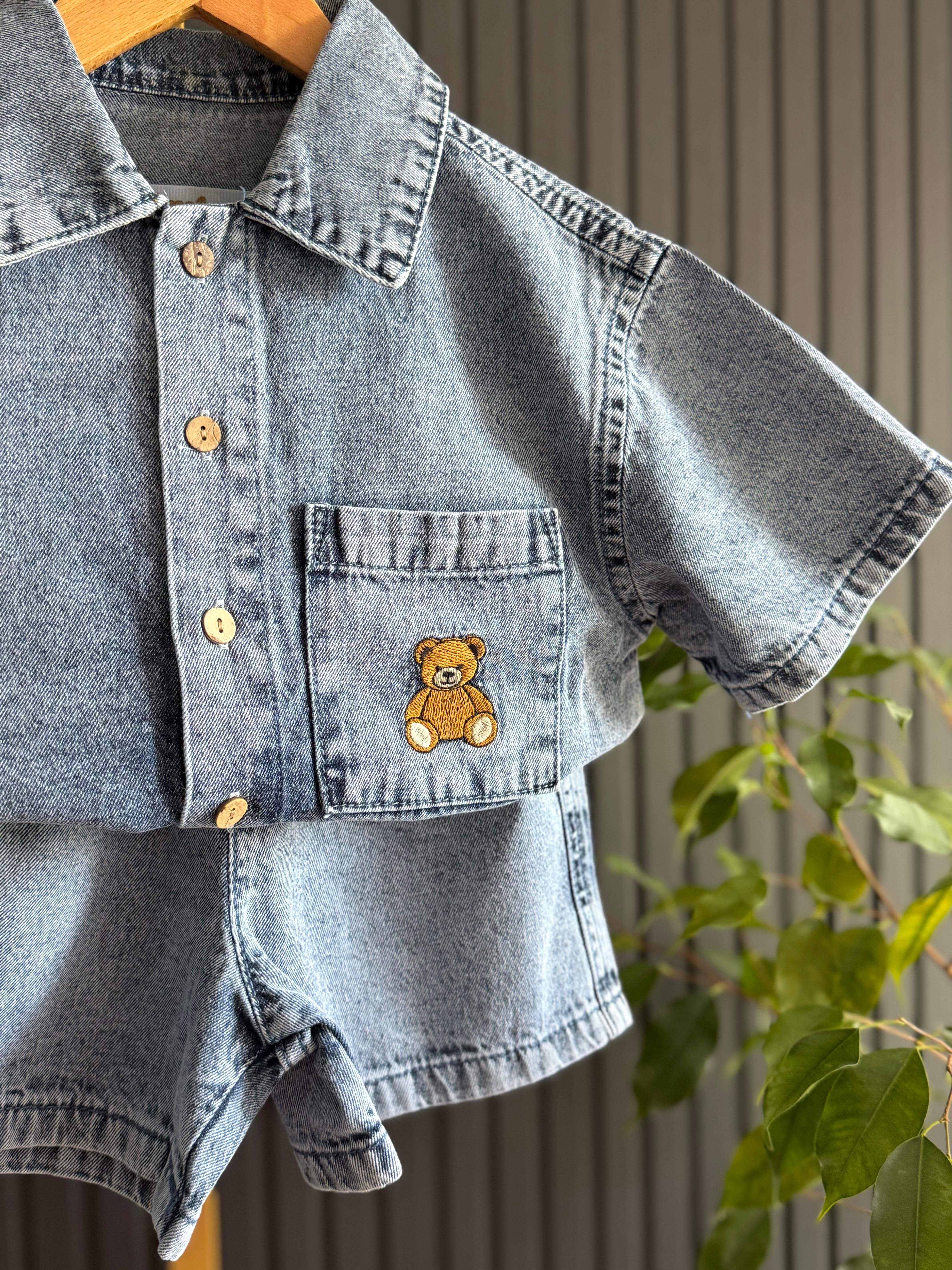 Ayıcık Nakışlı Denim Takım