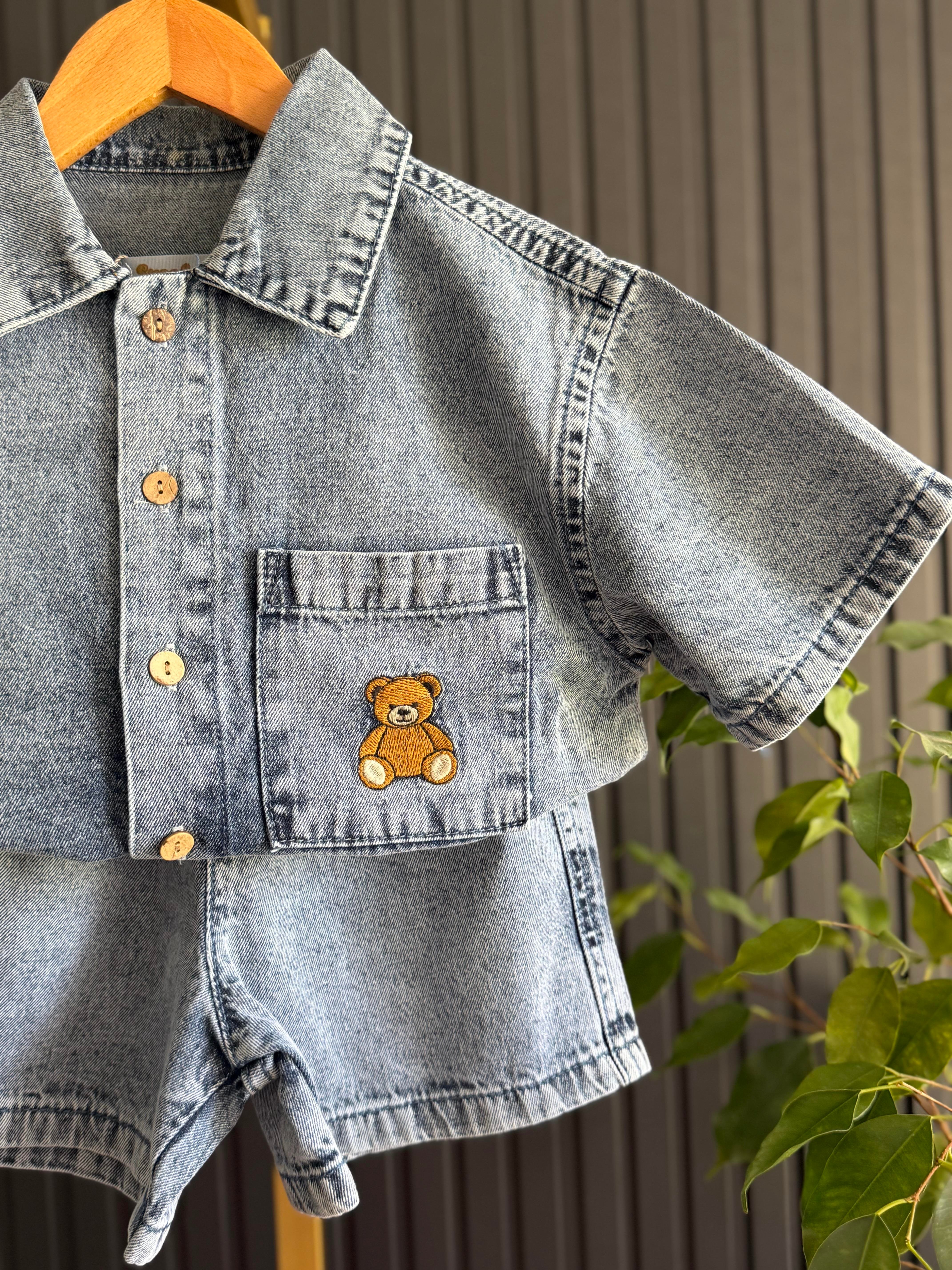 Ayıcık Nakışlı Denim Takım