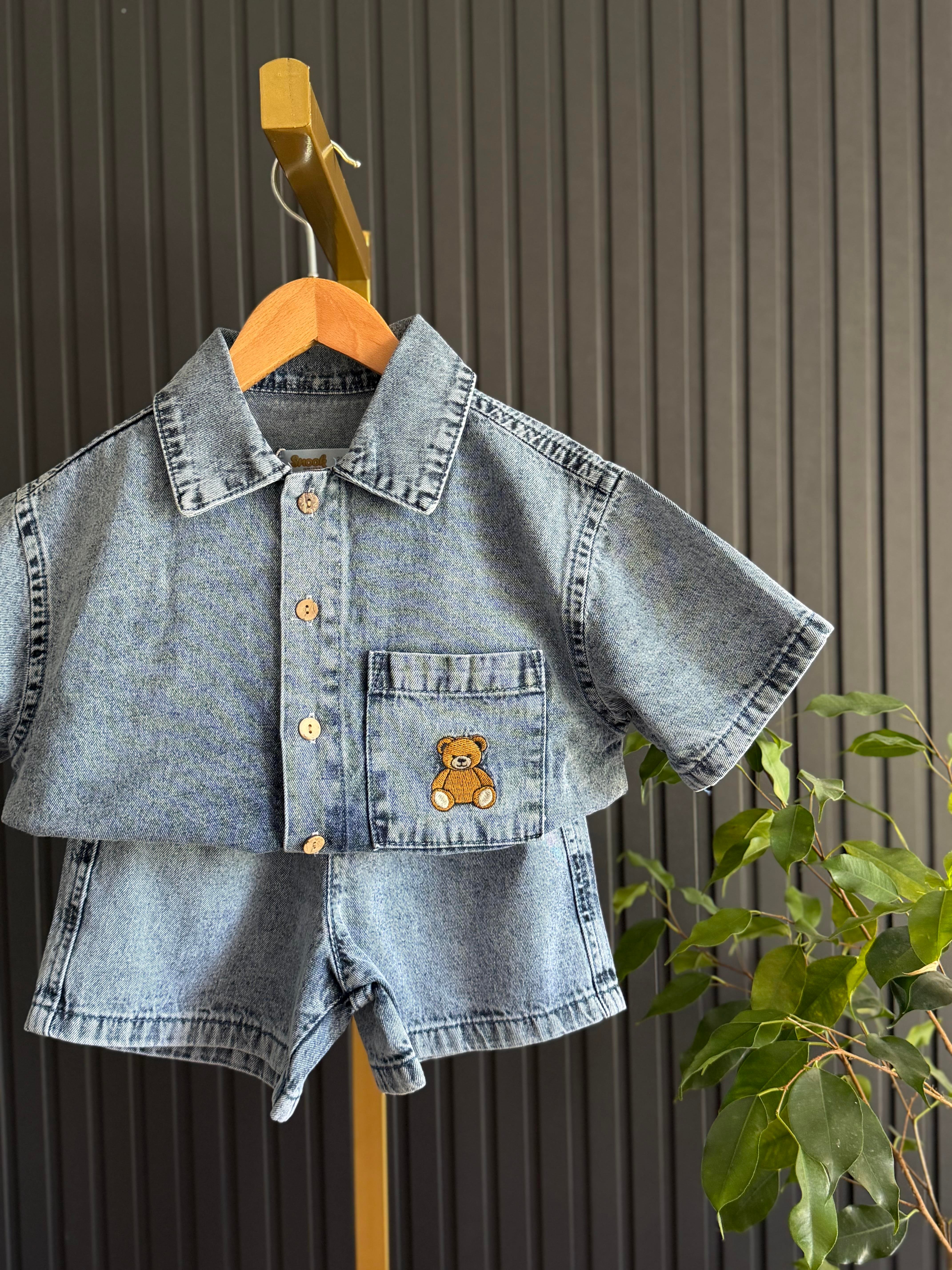 Ayıcık Nakışlı Denim Takım