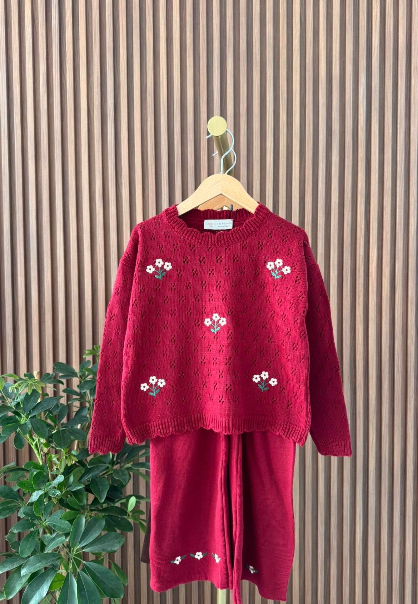 Çiçek Detaylı Triko Takım Bordo