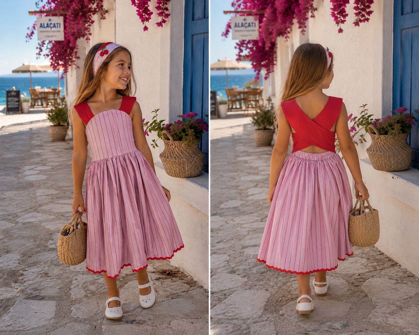 Çizgili Sırt Detaylı Pembe Elbise