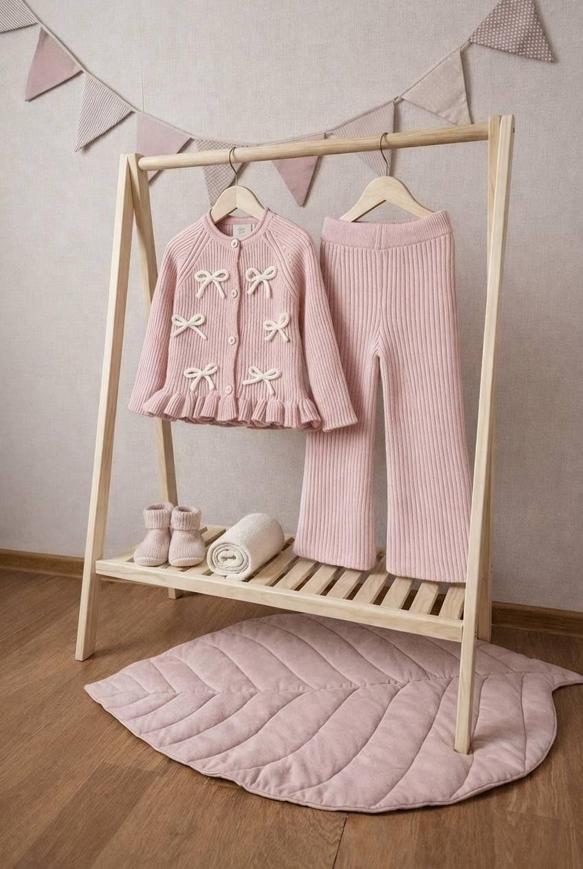 Fiyonk Detaylı Triko Hırkalı Takım Pembe