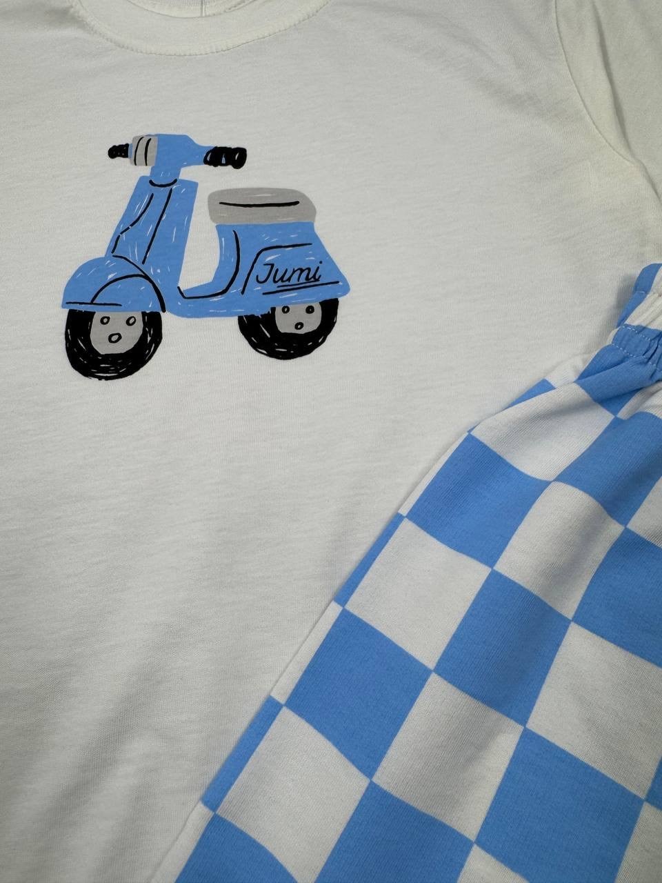 Scooter Baskılı Mavi Damalı Takım