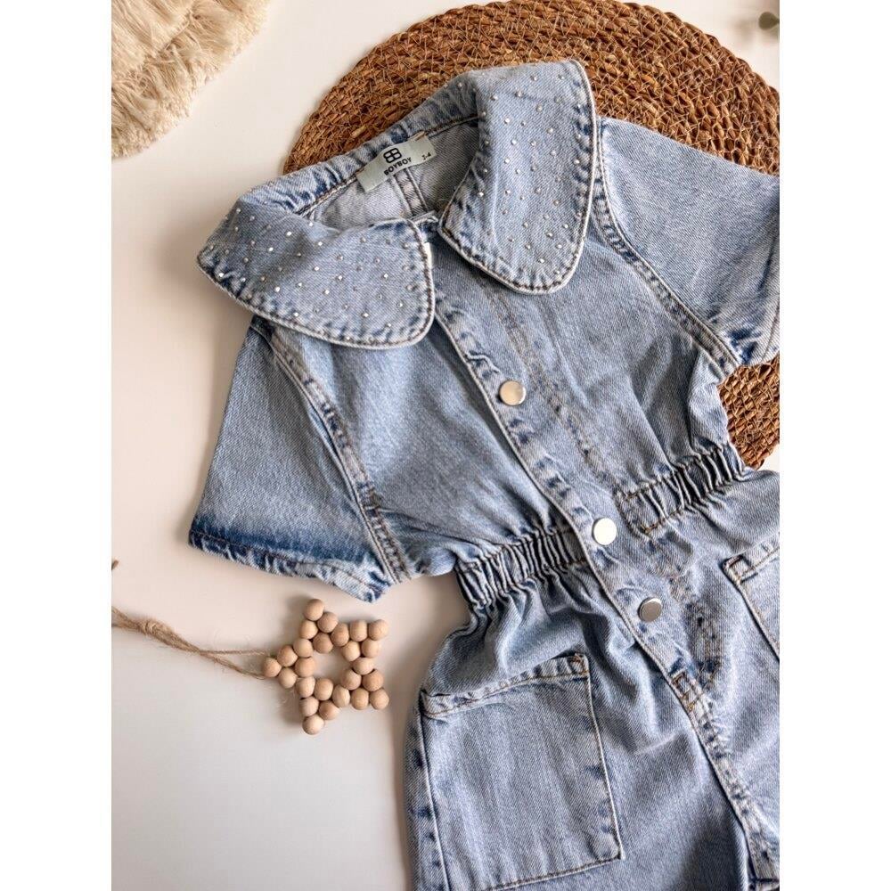 Yaka Detaylı Denim Tulum