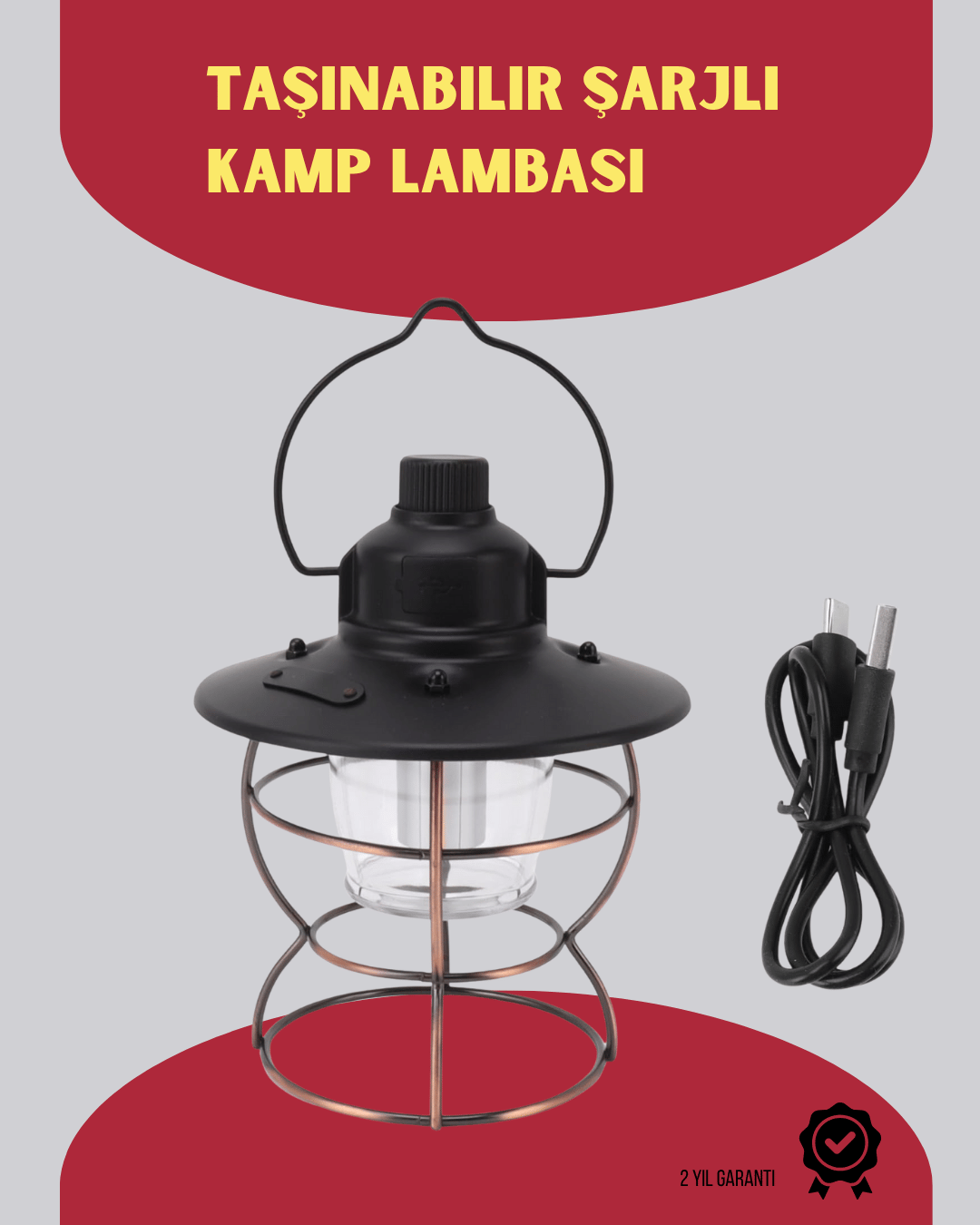  USB Şarjlı Retro LED Kamp Feneri – 4 Işık Modu, Su Geçirmez, Taşınabilir