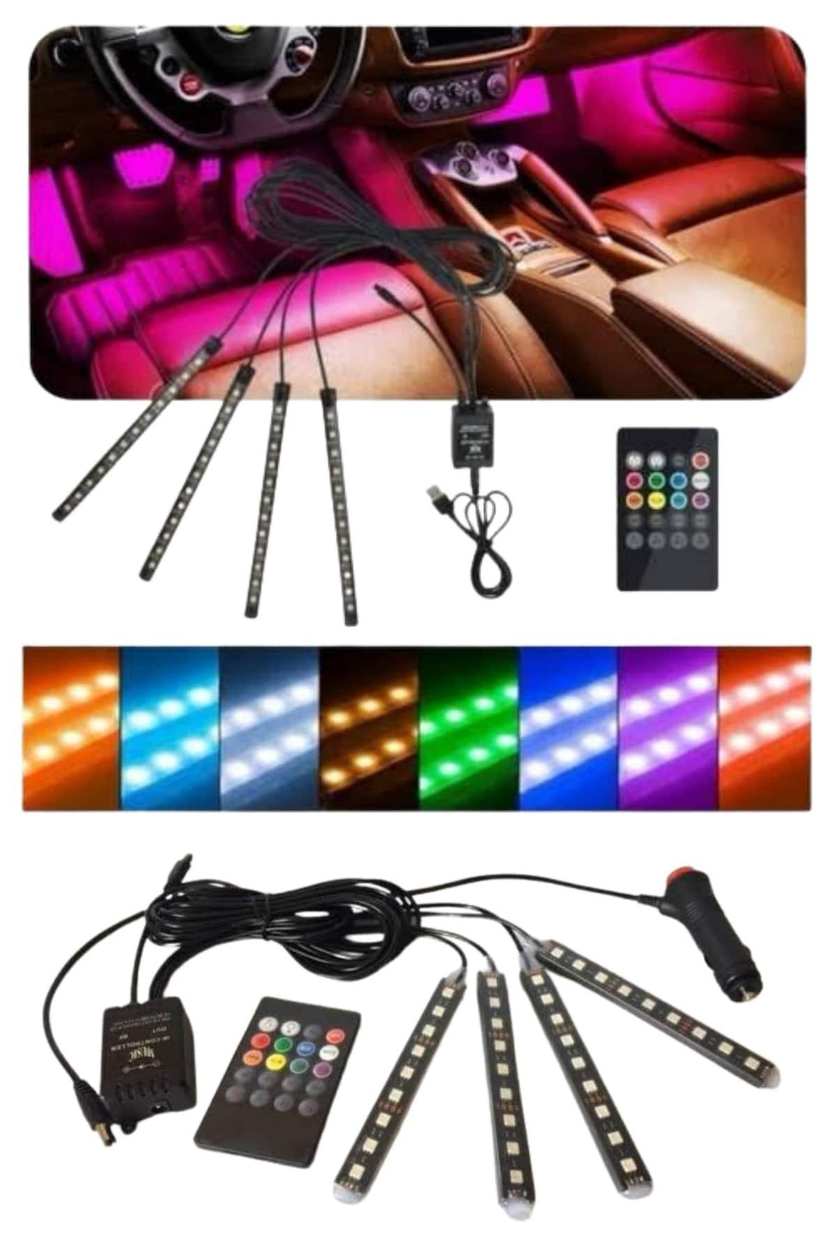 12 Ledli RGB Işıklı Araç Içi Ayak Altı Led Oto Ampul Kumandalı 7 Renk