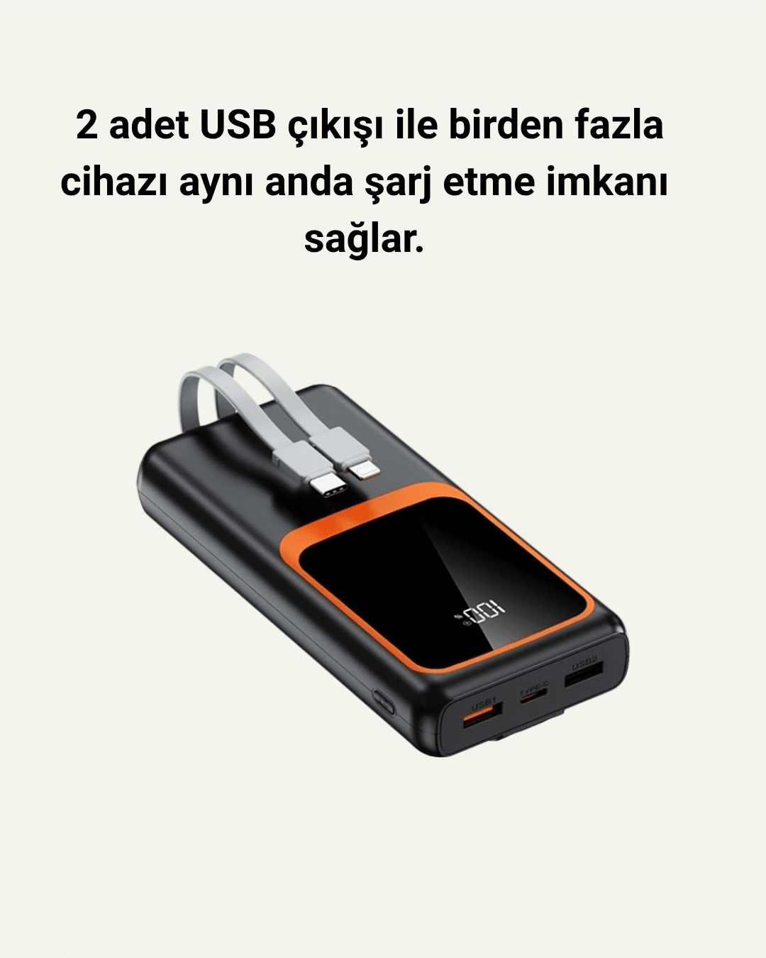 20.000 mAh Powerbank – 22.5W Hızlı Şarj, Çok Kablolu, Dijital Göstergeli