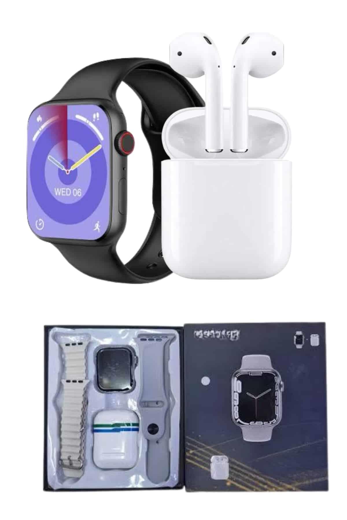 Akıllı Saat Gümüş Kasa Bluetooth Kulaklık Hediyeli Çok Fonksiyonlu İkili Set