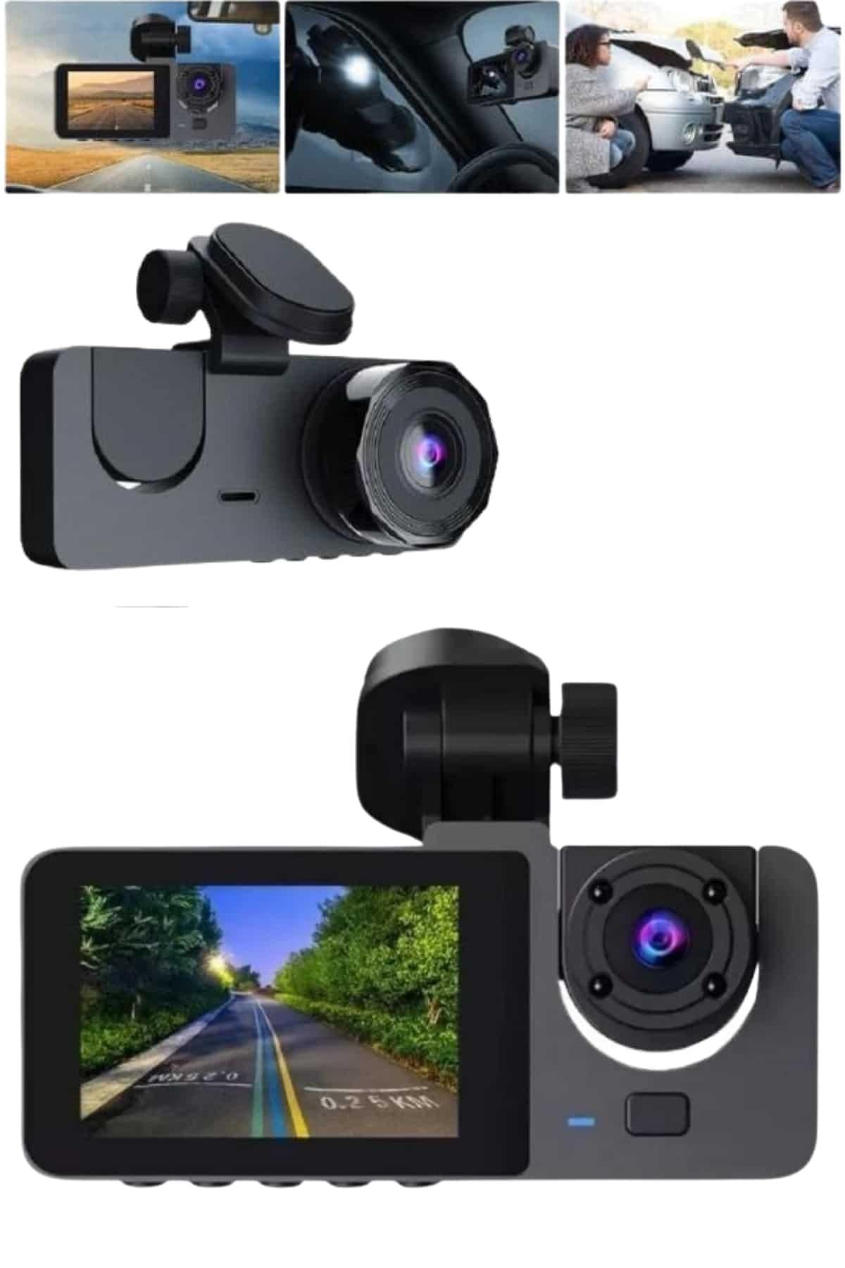 Araç İçi Dikiz Kamerası Sürüş Kaydedici 3 Lensli DVR Kamera