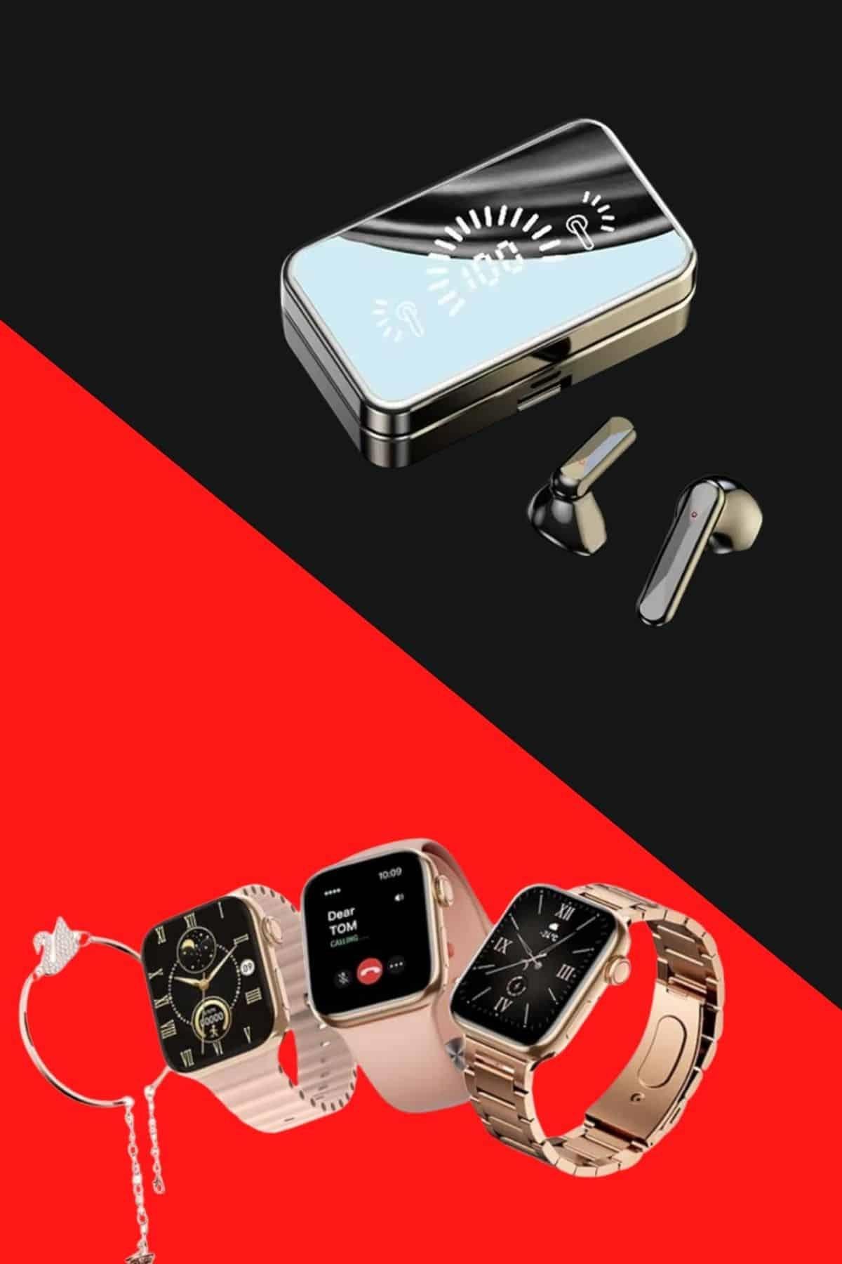 Bileklikli Amoled Ekran Akıllı Saat ve Dijital Göstergeli Kablosuz Bluetooth Kulaklık ANC/ ENC