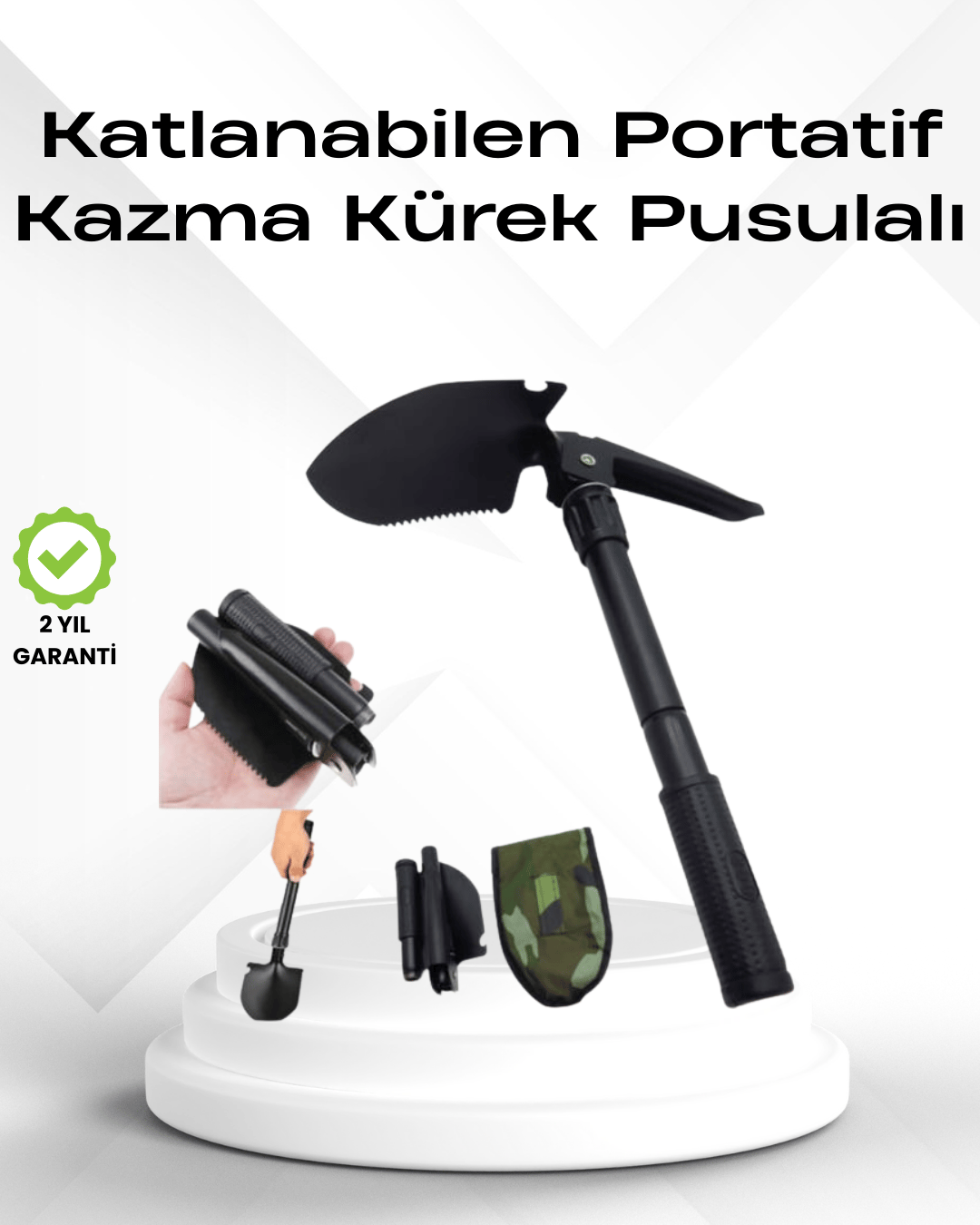 Çok İşlevli Bahçe ve Kamp Aleti – Pusulalı ve Kaymaz Saplı