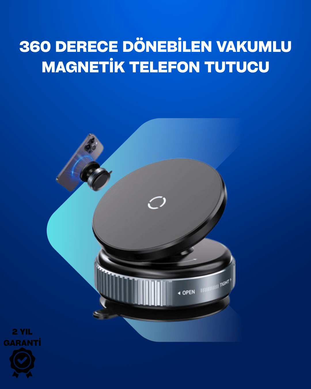 Güçlü Manyetik Tutuşlu 360° Döner Araç Telefon Tutucu – Vakumlu Montajlı