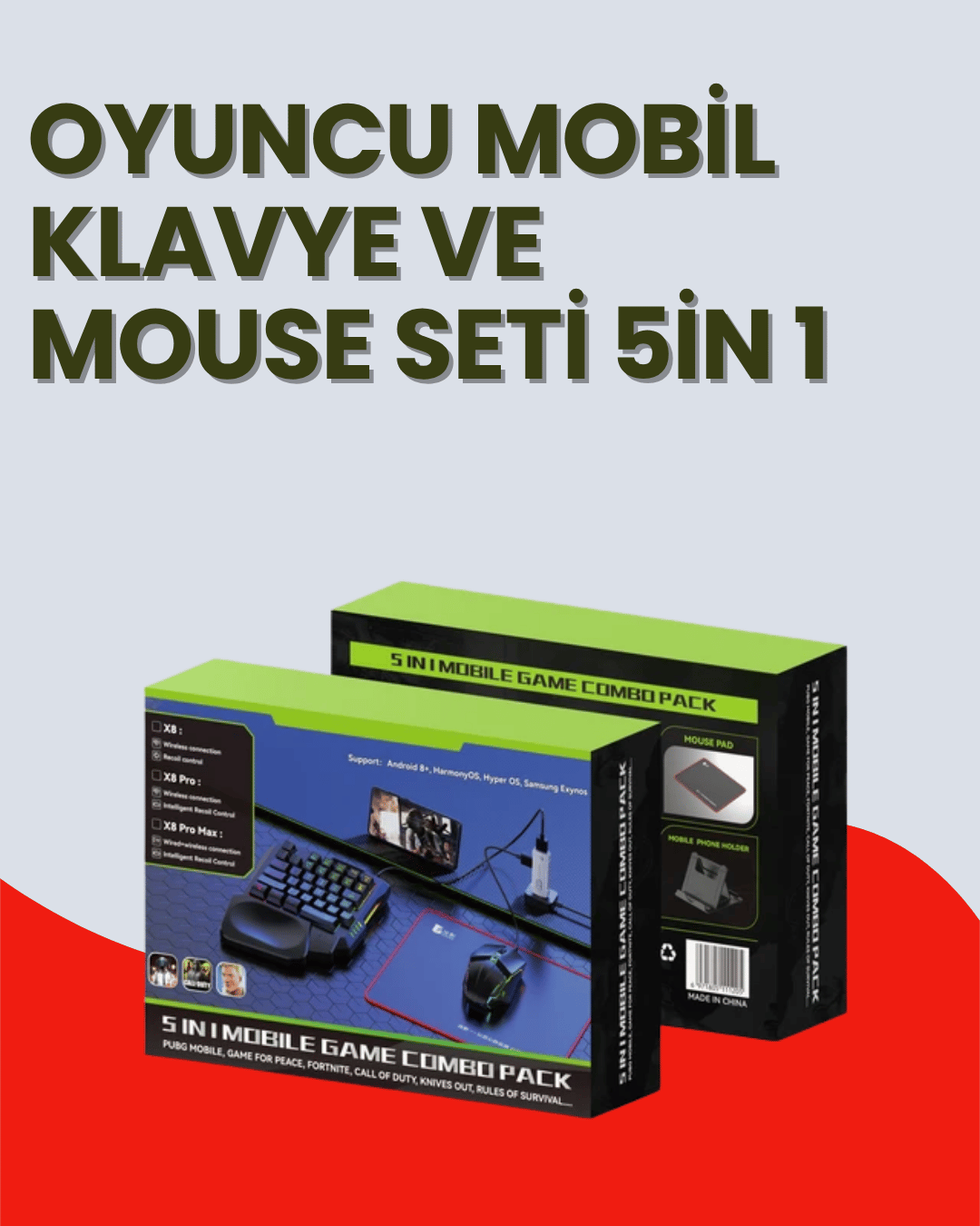 Mobil Uyumlu Klavye Mouse Seti – PUBG ve FPS Oyunları İçin 5'i 1 Arada Oyun Kiti