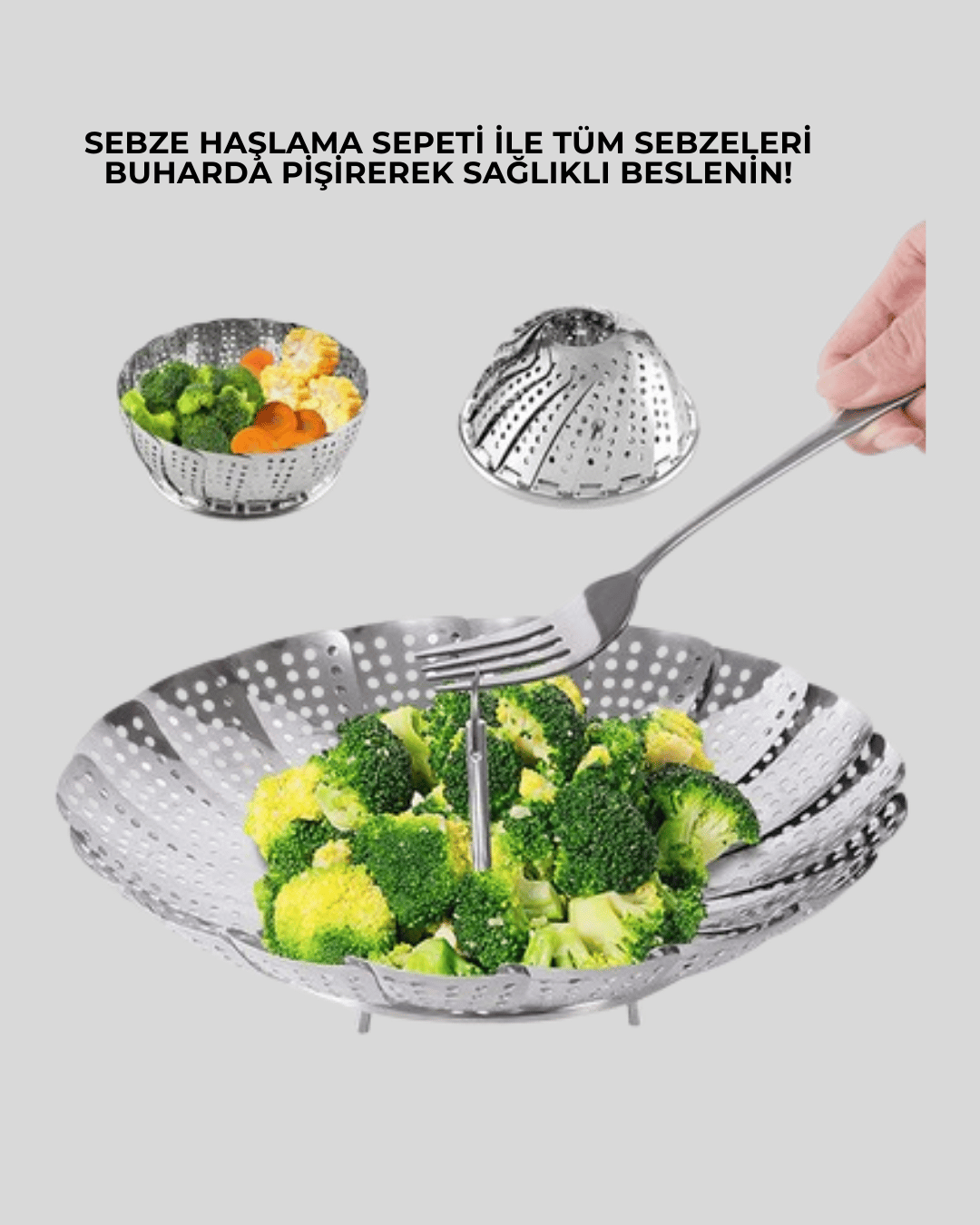 Paslanmaz Çelik Katlanabilir Sebze Haşlama Sepeti – Buharda Sağlıklı Pişirme
