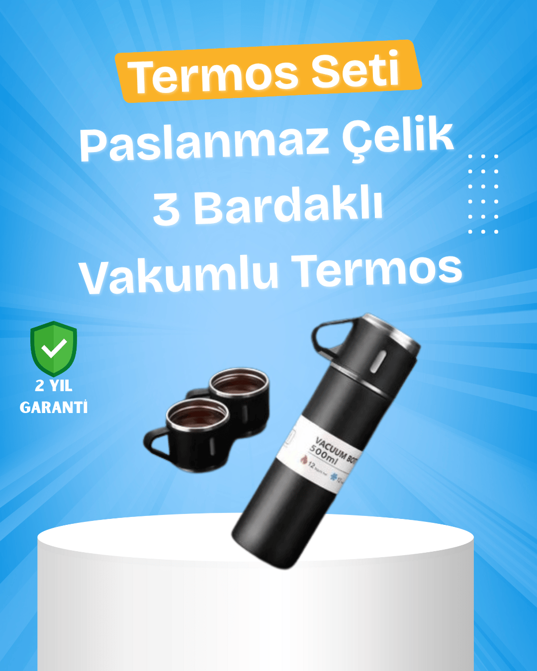 Paslanmaz Termos ve İkili Bardak Seti | 6-12 Saat Sıcak/Soğuk Tutma