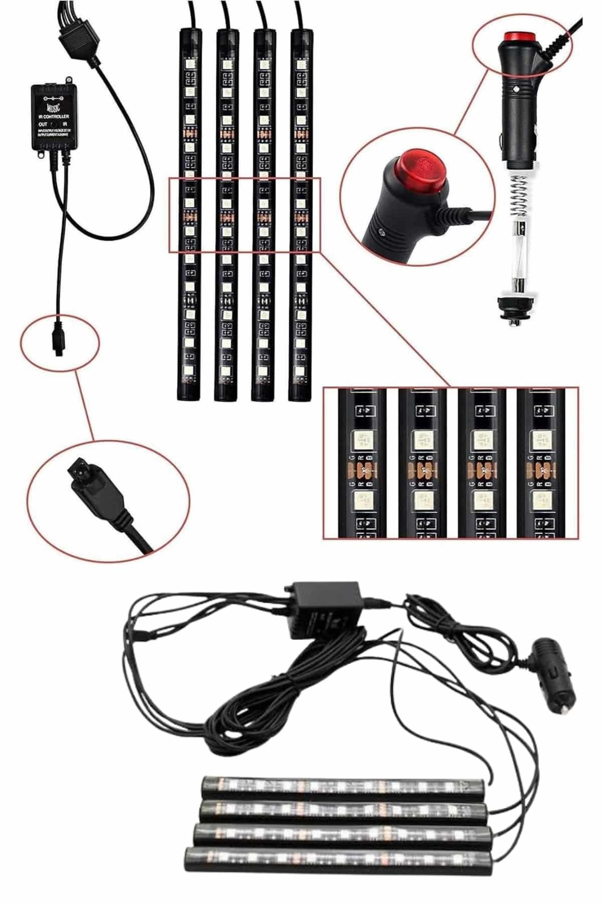 RGB Işıklı Araç İçi Aydınlatma Kumandalı 12'li Led Işık Renk Değiştirebilen