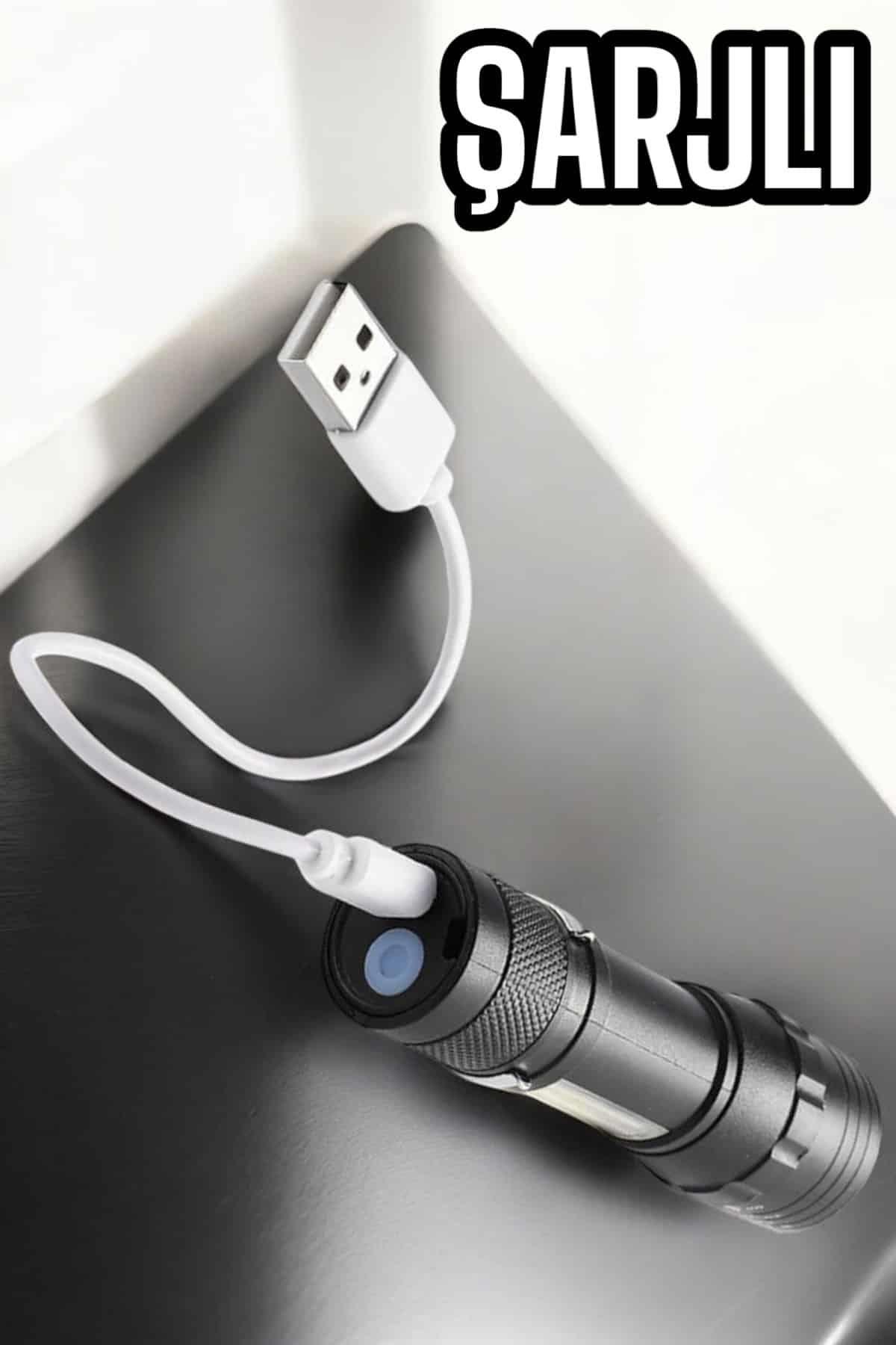 Şarjlı Metal Zoomlu El Feneri Işıldak Led Işık Taşınabilir El Lambası