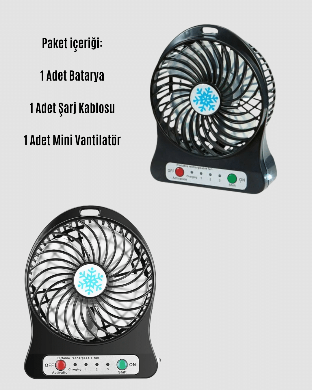 Şarjlı USB Fan – Masaüstü Mini Vantilatör, Taşınabilir, Işıklı, 3 Kademeli, Sessiz
