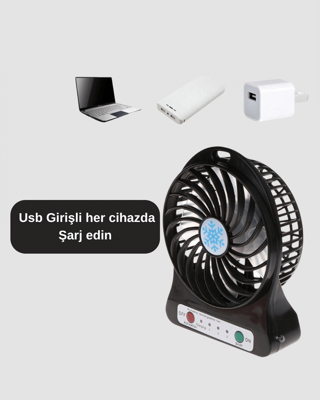 Şarjlı USB Fan – Masaüstü Mini Vantilatör, Taşınabilir, Işıklı, 3 Kademeli, Sessiz