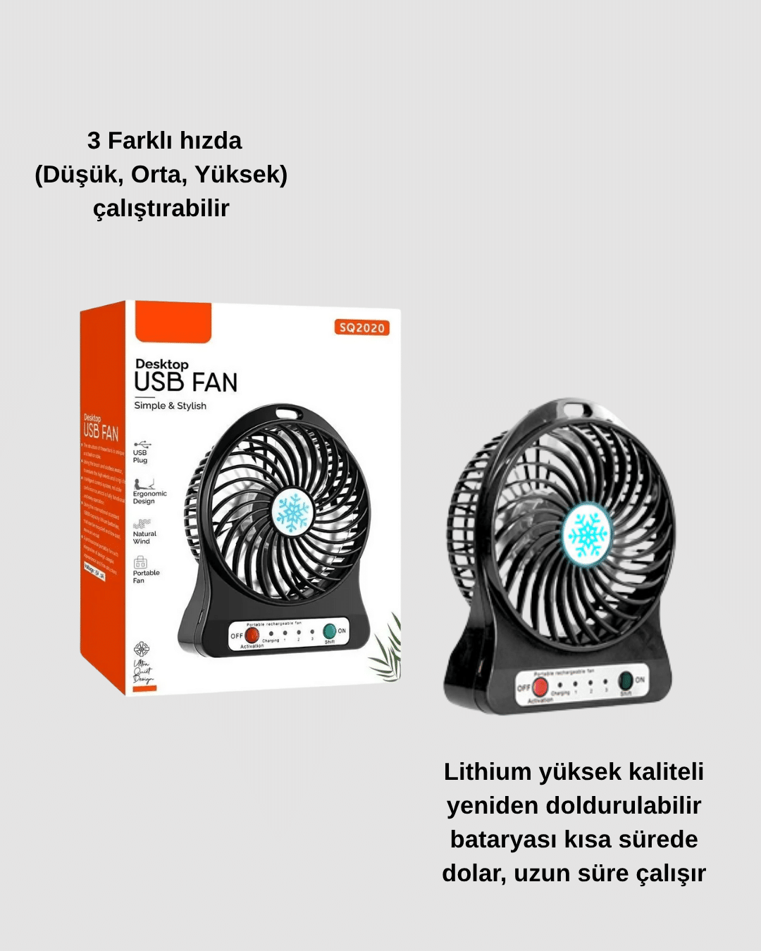 Şarjlı USB Fan – Masaüstü Mini Vantilatör, Taşınabilir, Işıklı, 3 Kademeli, Sessiz