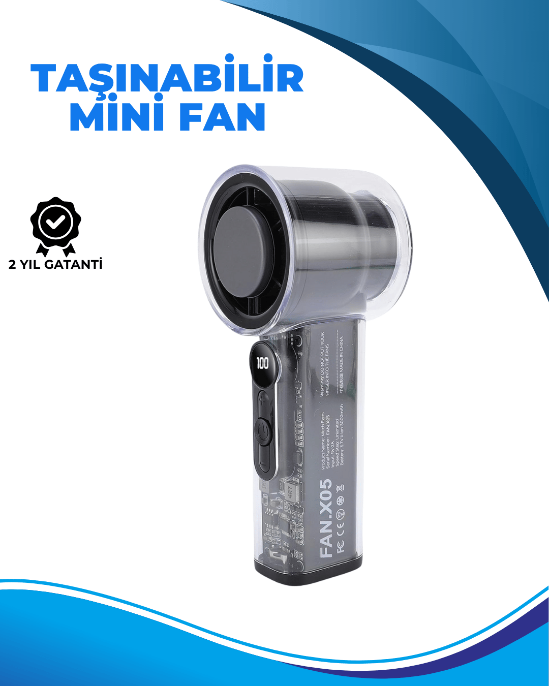 Taşınabilir El Fanı | 100 Seviyeli Rüzgar Hızı Ayarı | Sessiz Çalışma | Dijital Ekranlı