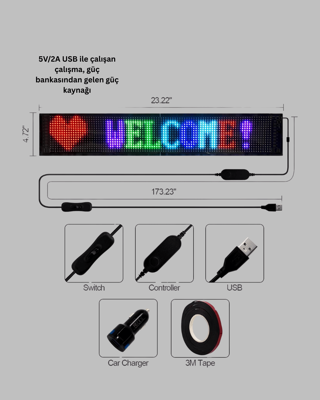 USB Bağlantılı Esnek Programlanabilir LED Tabela – RGB Renkli