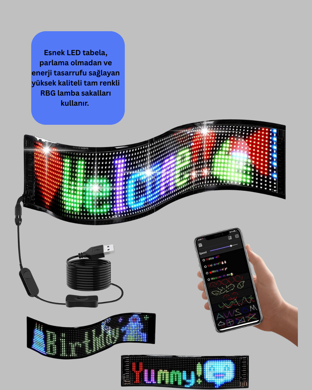 USB Bağlantılı Esnek Programlanabilir LED Tabela – RGB Renkli