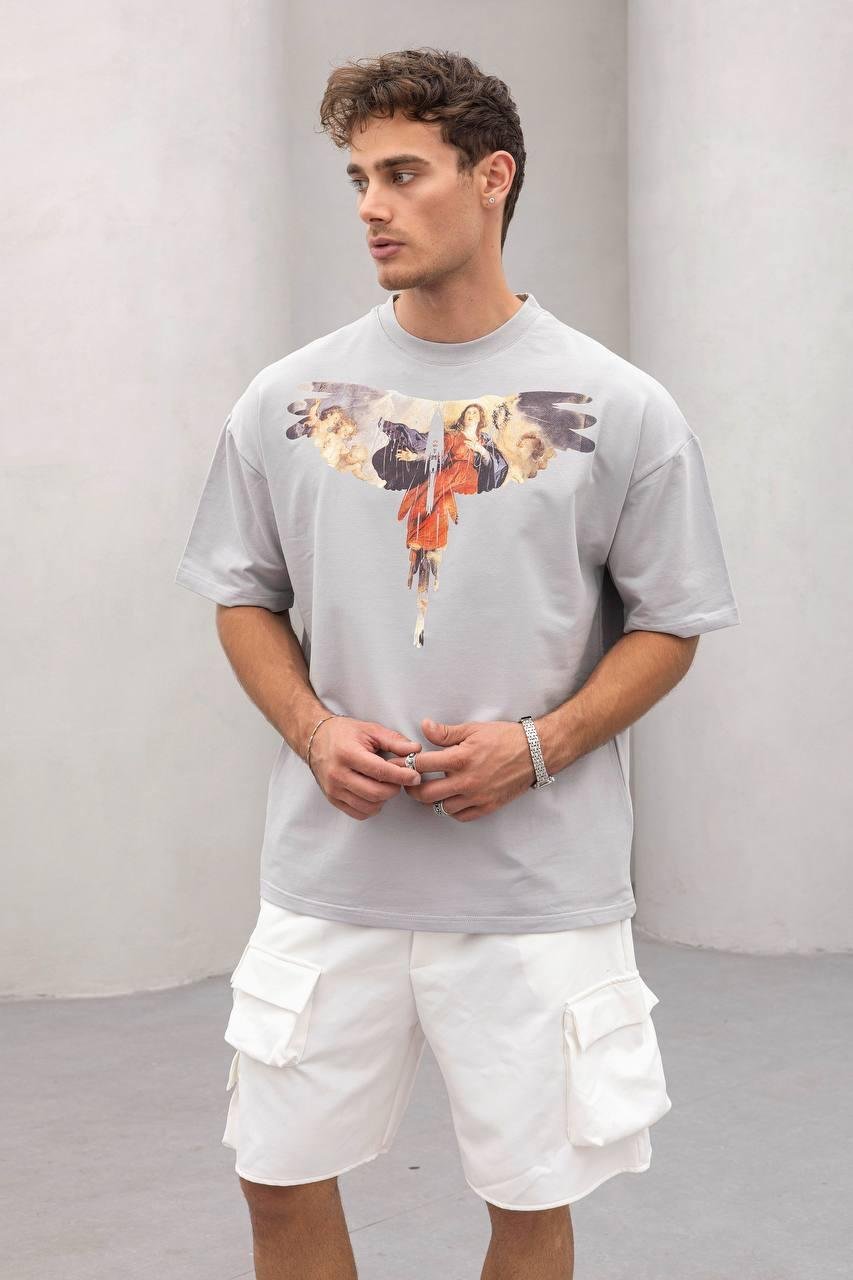 Baskılı Gri Oversize Tişört