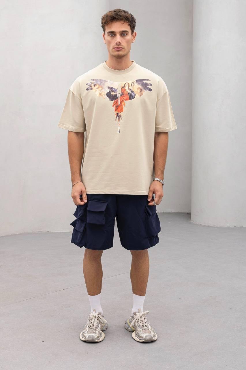 Baskılı Krem Oversize Tişört