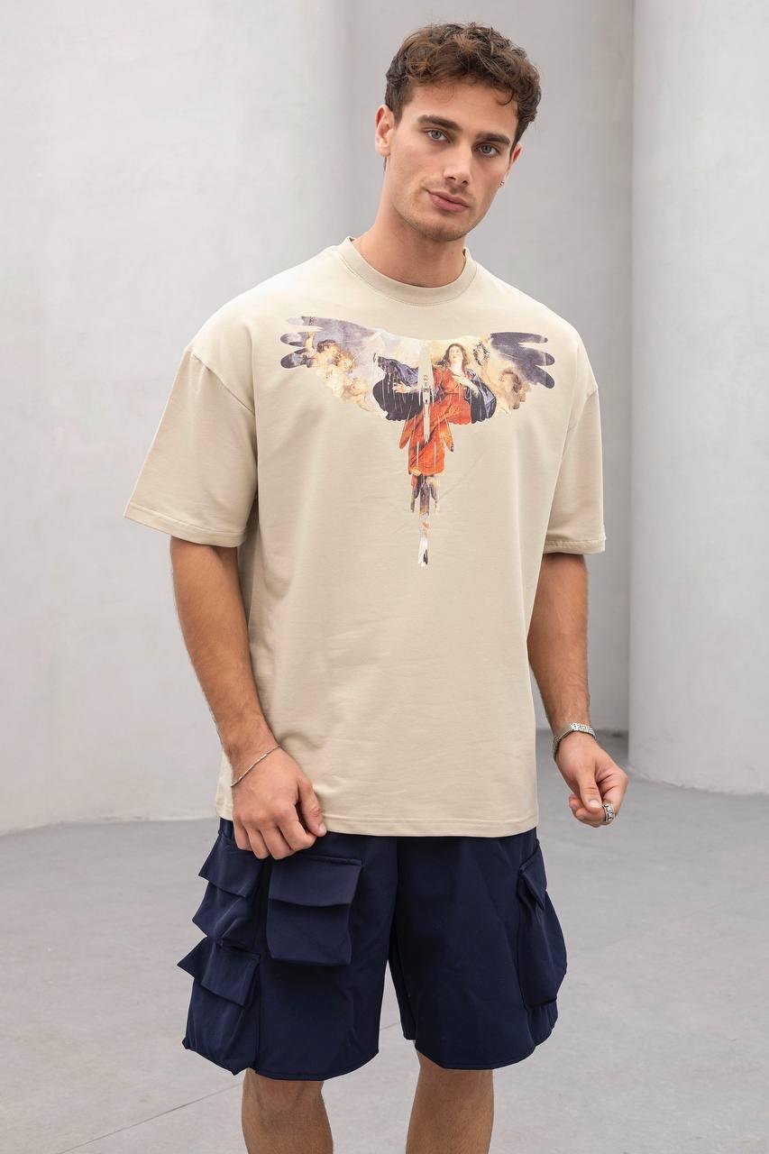 Baskılı Krem Oversize Tişört