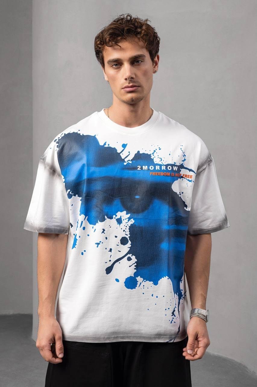 Beyaz Baskılı Oversize Tişört