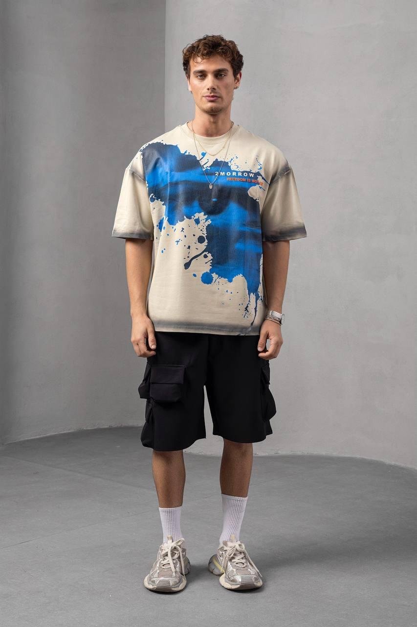 Krem Baskılı Oversize Tişört
