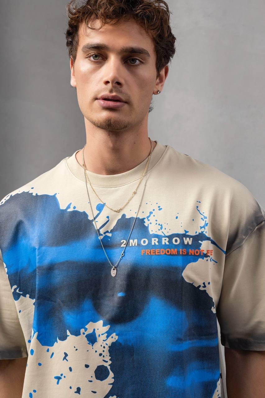 Krem Baskılı Oversize Tişört