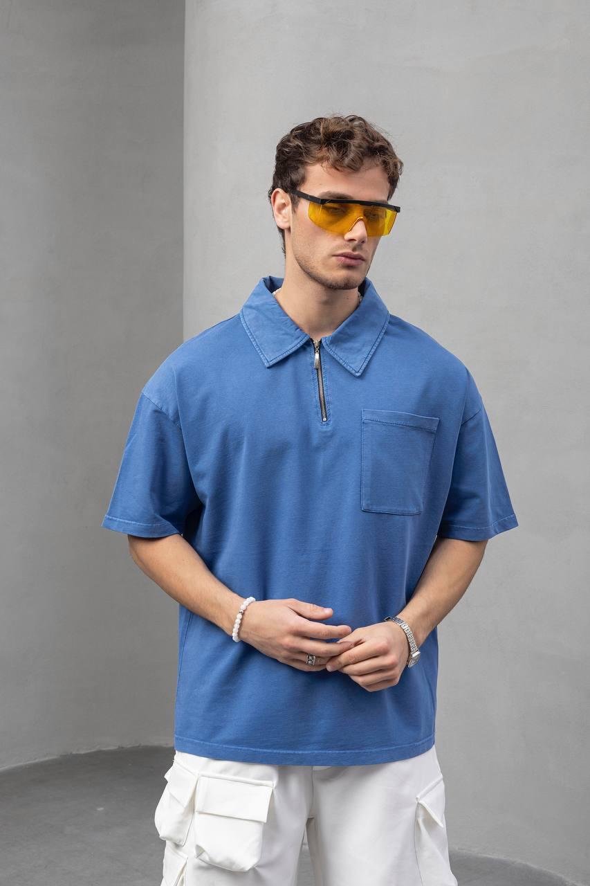 Mavi Cepli Oversize Tişört