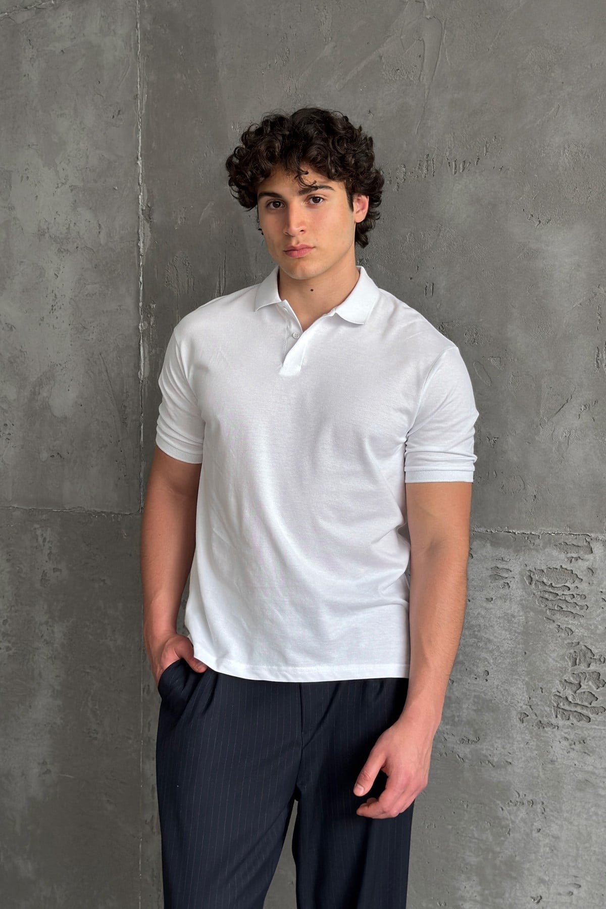 Erkek %100 Pamuk Düğmeli Polo Yaka T-Shirt Beyaz