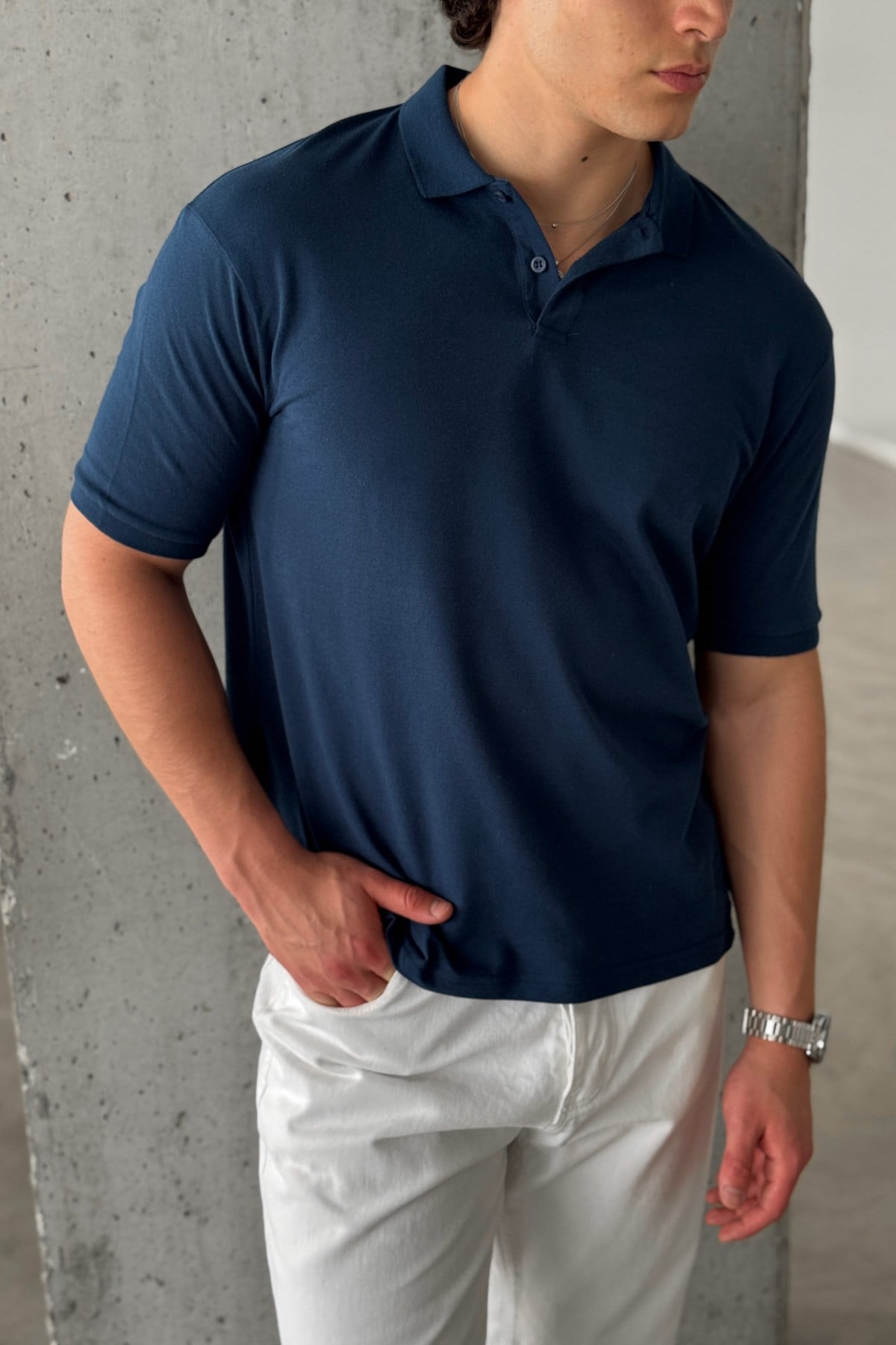 Erkek %100 Pamuk Düğmeli Polo Yaka T-Shirt Lacivert