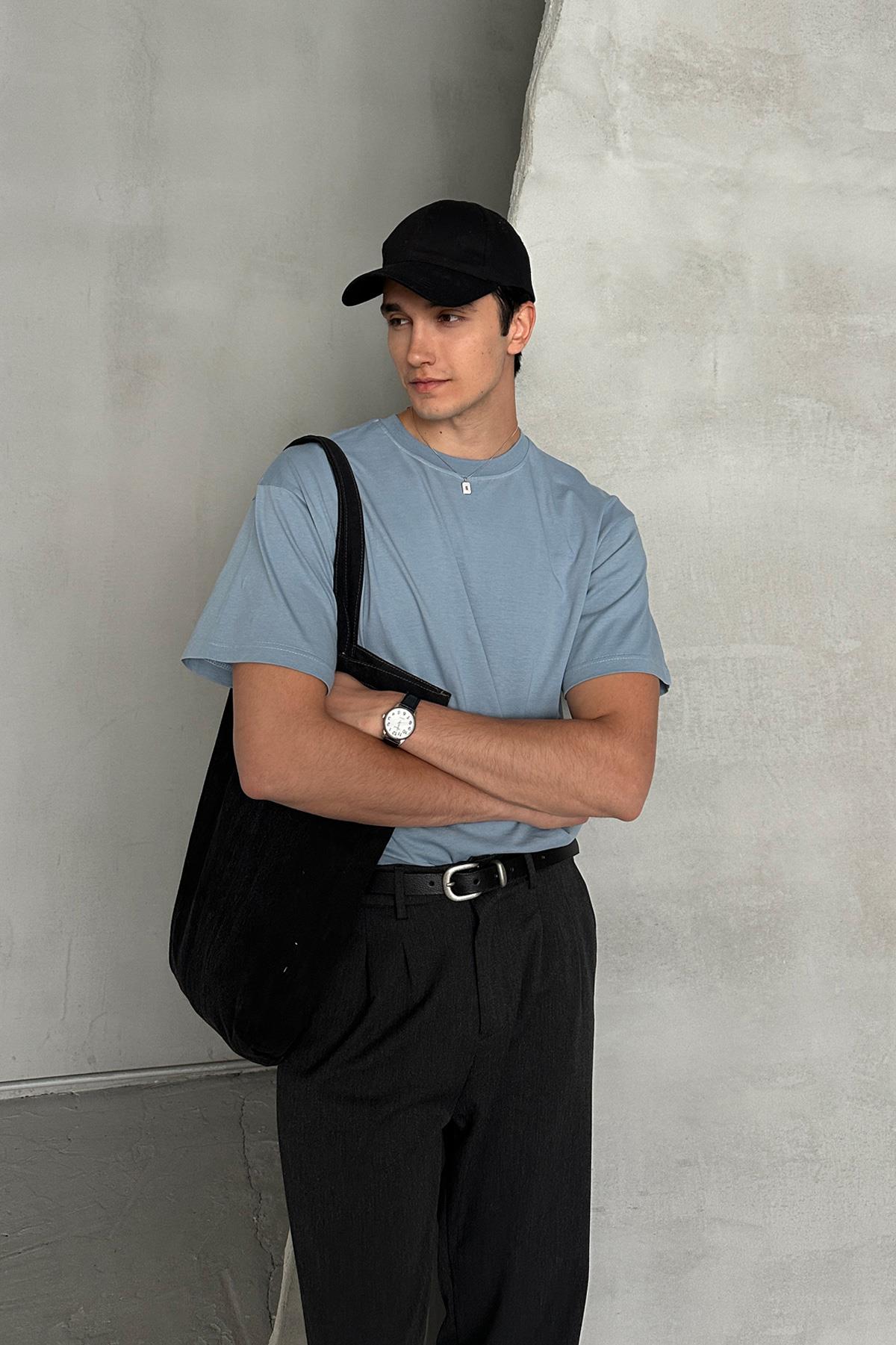Erkek %100 Pamuk Oversize Basic T-shirt Açık Mavi