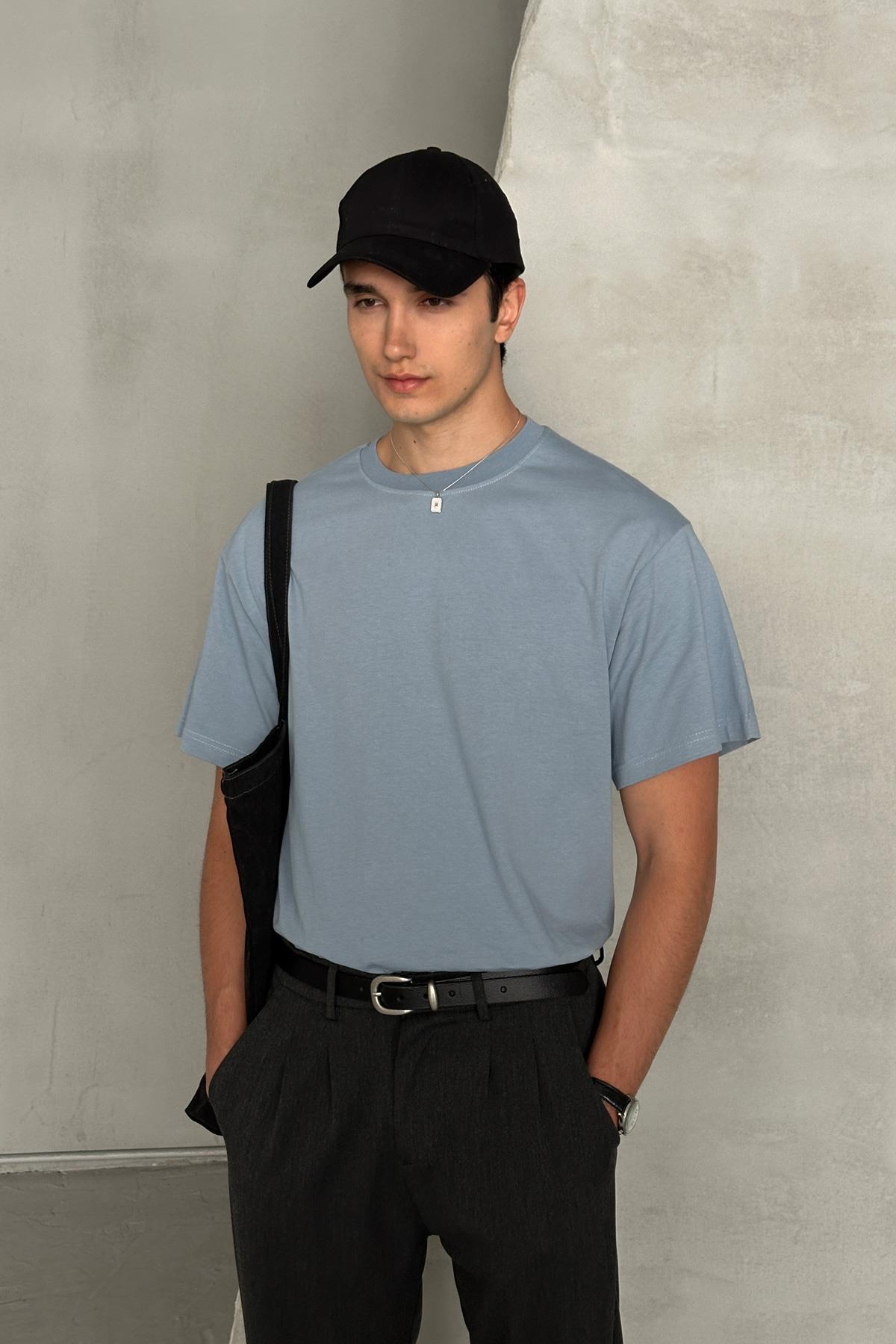Erkek %100 Pamuk Oversize Basic T-shirt Açık Mavi