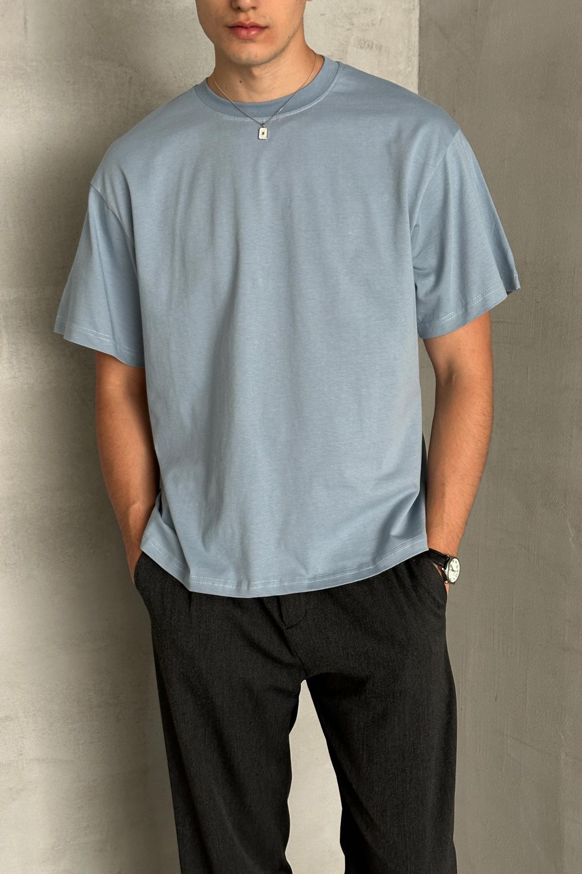 Erkek %100 Pamuk Oversize Basic T-shirt Açık Mavi