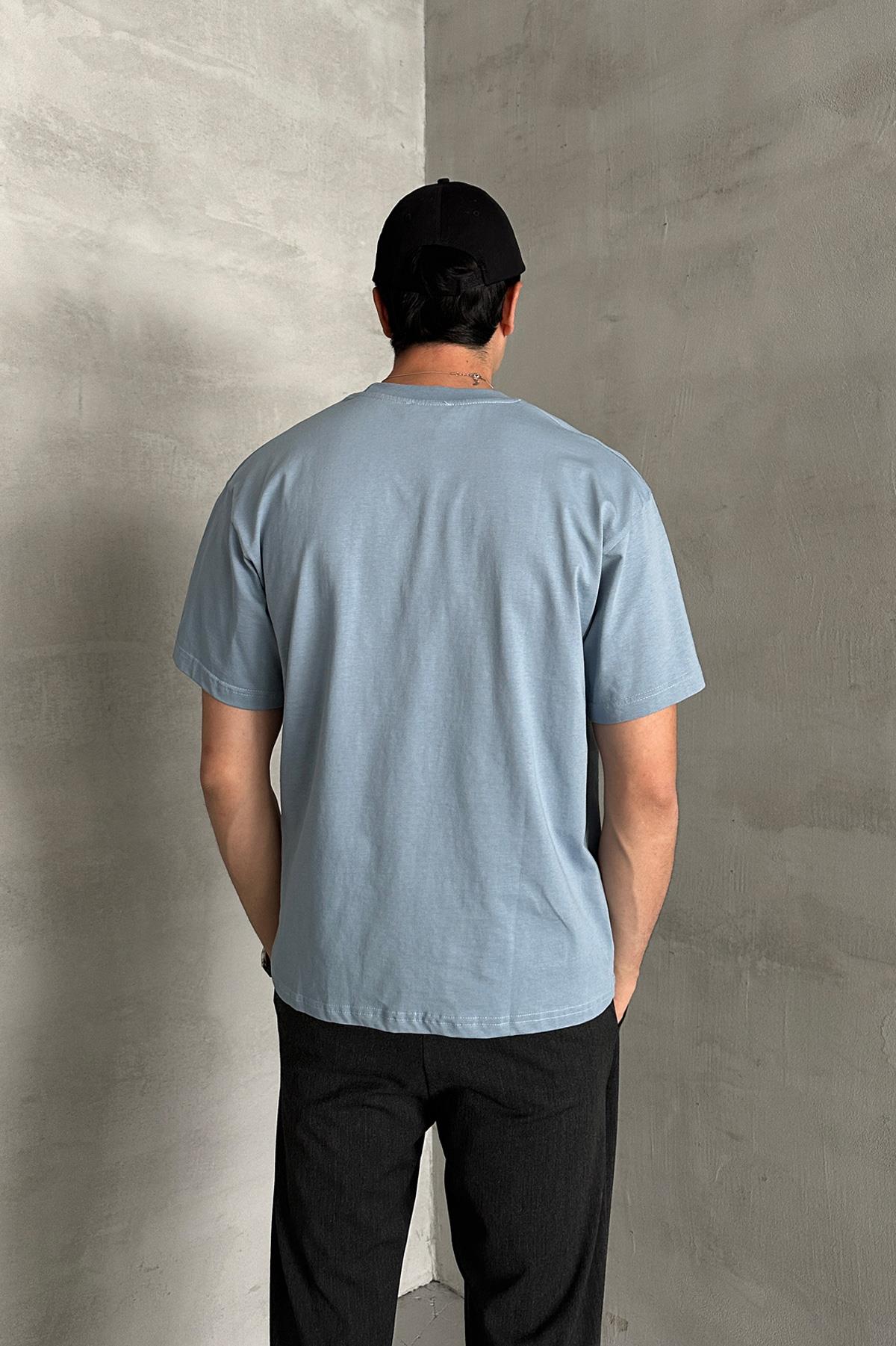 Erkek %100 Pamuk Oversize Basic T-shirt Açık Mavi