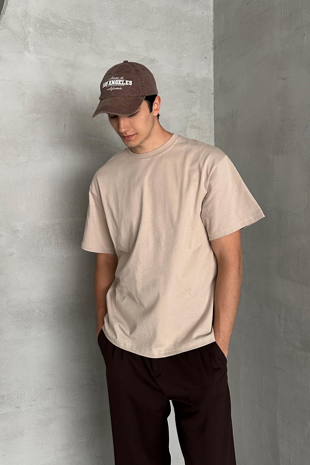 Erkek %100 Pamuk Oversize Basic T-shirt Bej