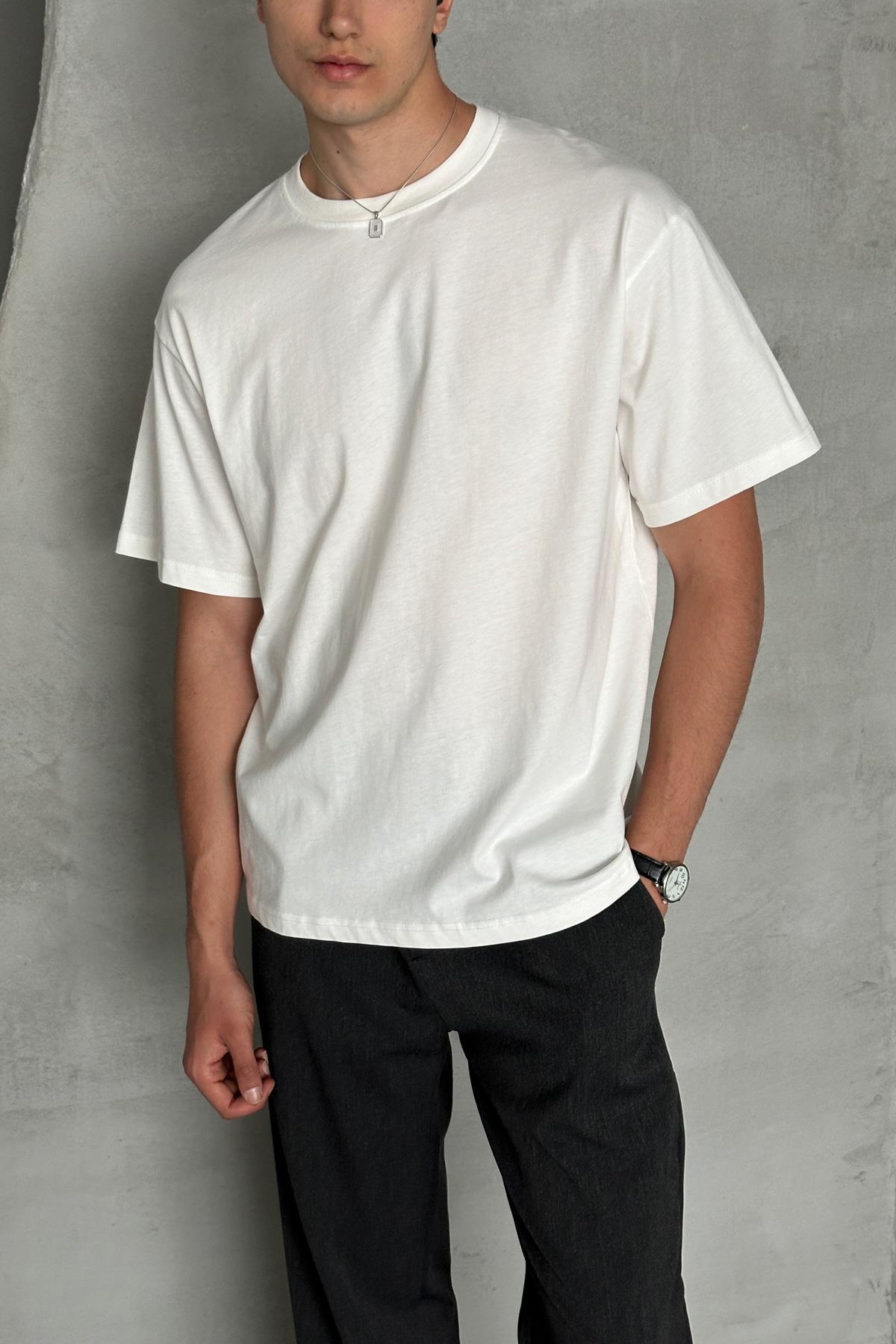 Erkek %100 Pamuk Oversize Basic T-shirt Beyaz