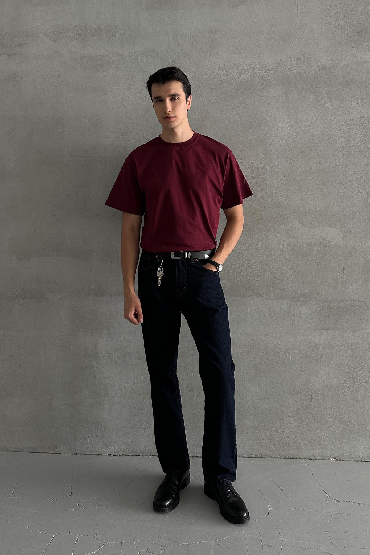 Erkek %100 Pamuk Oversize Basic T-shirt Bordo