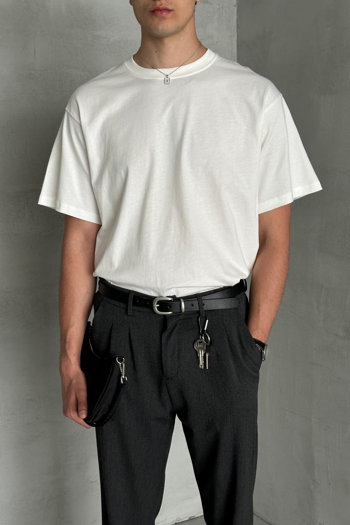 Erkek %100 Pamuk Oversize Basic T-shirt Beyaz