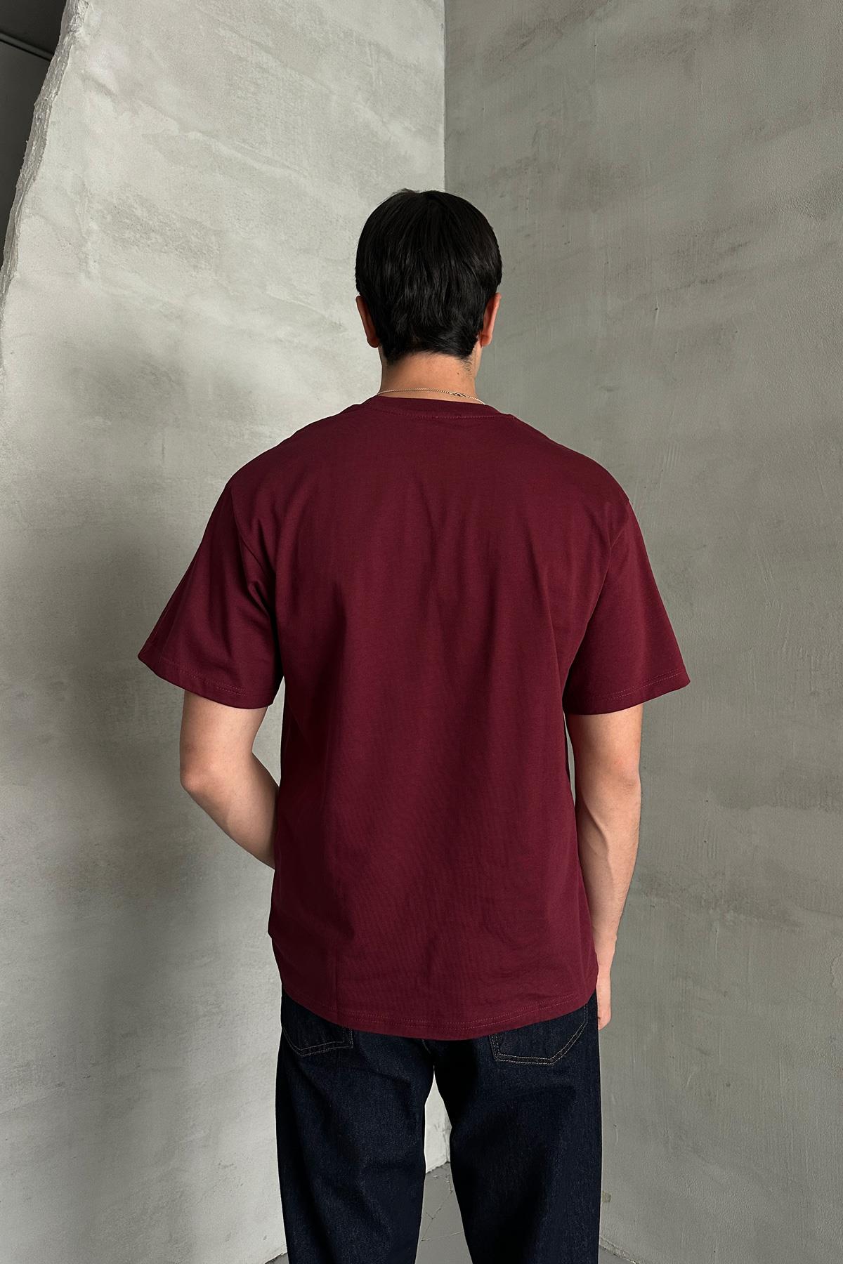 Erkek %100 Pamuk Oversize Basic T-shirt Bordo