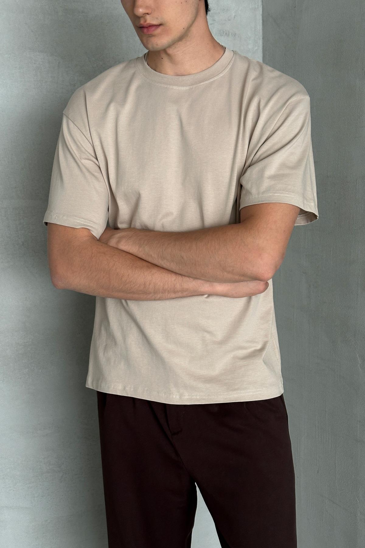 Erkek %100 Pamuk Oversize Basic T-shirt Bej