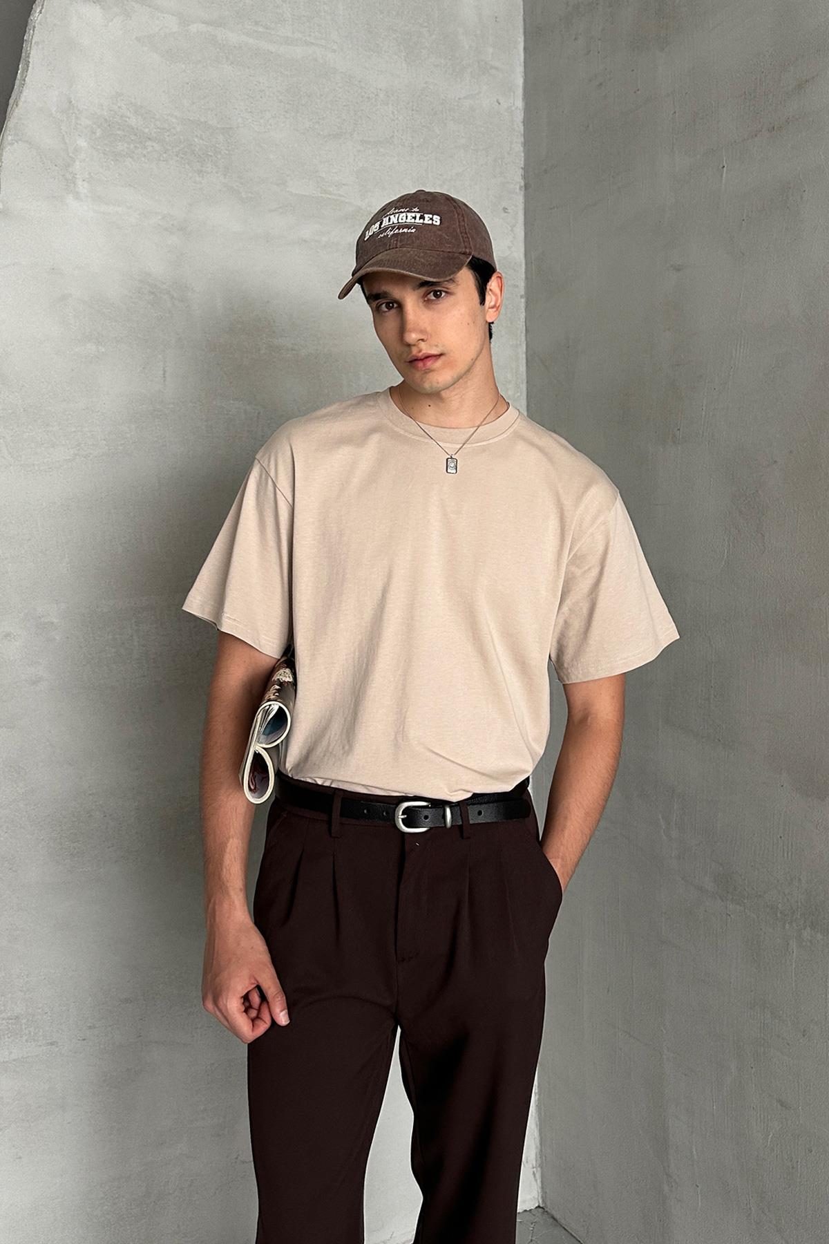 Erkek %100 Pamuk Oversize Basic T-shirt Bej