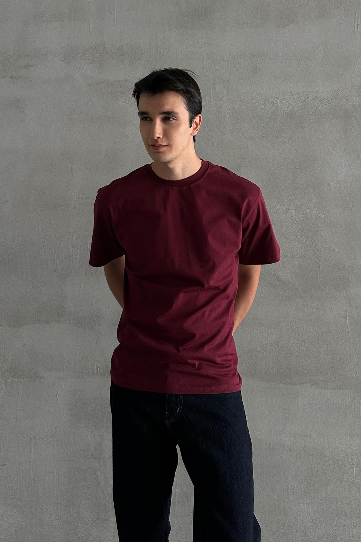 Erkek %100 Pamuk Oversize Basic T-shirt Bordo